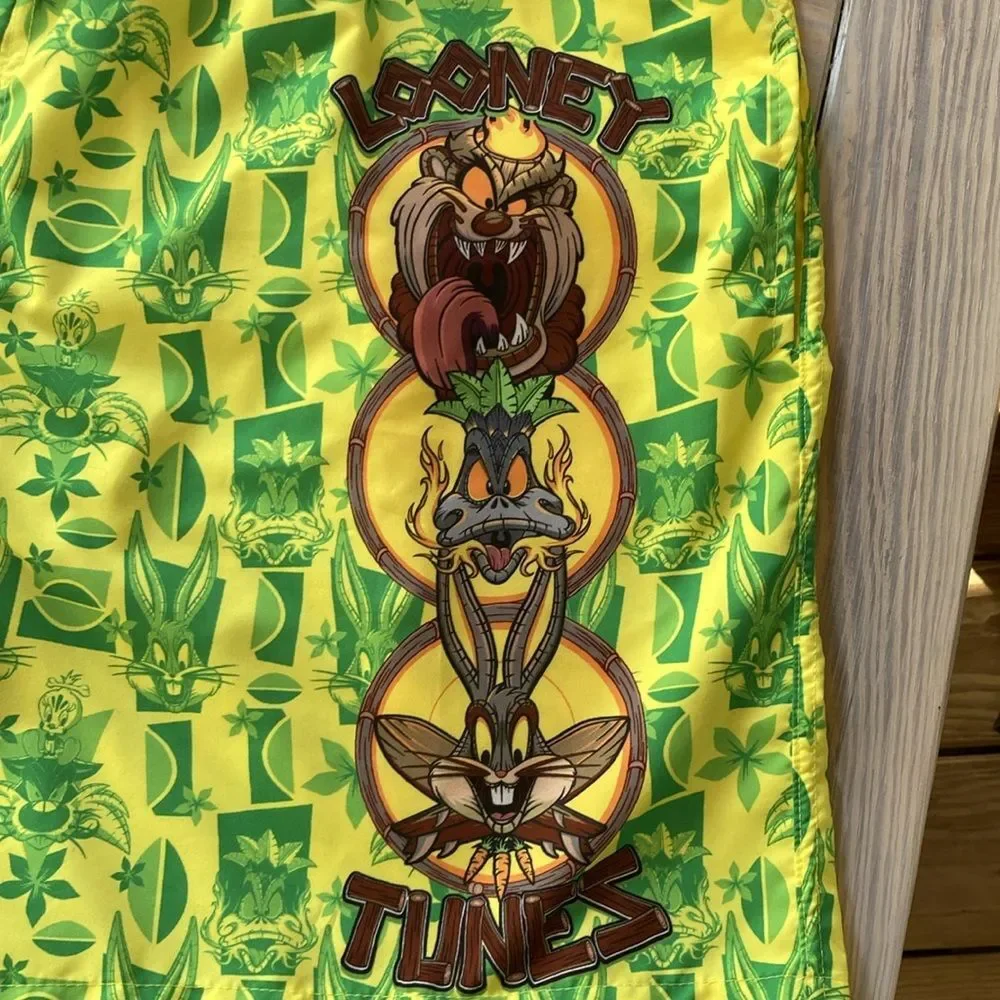 LOONEY TUNES Tiki Swim Trunks Taz Daffy Bugs Mens Neon Green Yellow NEW XL
